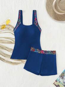 Swim Lushoire 2pcs/Set Sling Tankini Swimwear, Minimalist Design Suitable For Summer - Teal Blue - View 5