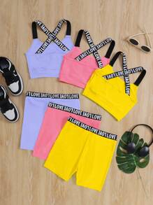 SHEIN Leap Crew 6件套少女纯色针织字母带运动套装