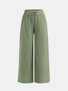 SHEIN Set de 2 pantalones anchos de pierna ancha con textura tejida y moño casual para niñas preadolescentes, estilo vacacional