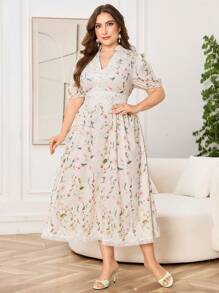 Modelyn Plus Size Short Sleeve Floral Print Lace Trim A-Line Dress - Multicolor - View 5