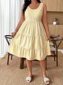 Calvaya Vestido de verano informal con rayas y sin mangas para tallas grandes - Multicolor - Ver 3