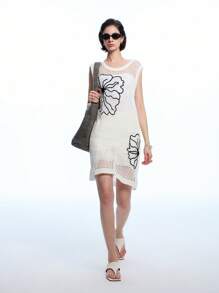 LYSMO Ladies Sleeveless Sweater Dress With Floral Embroidered Hollow-Out Design - White - View 7
