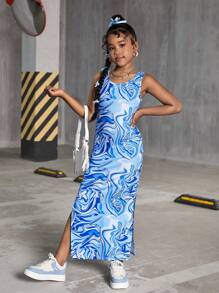 SHEIN Tween Girls Casual Streetwear Fashion Sleeveless Printed Fitted Slit Midi Dress - Blue - View 4