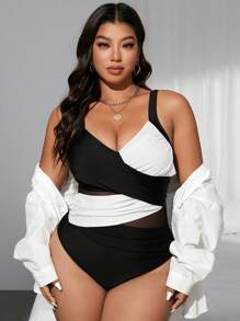 Swim SXY 大码女式交叉渐变色网眼拼接连体泳衣，夏季海滩度假 - 黑與白 - 查看 4