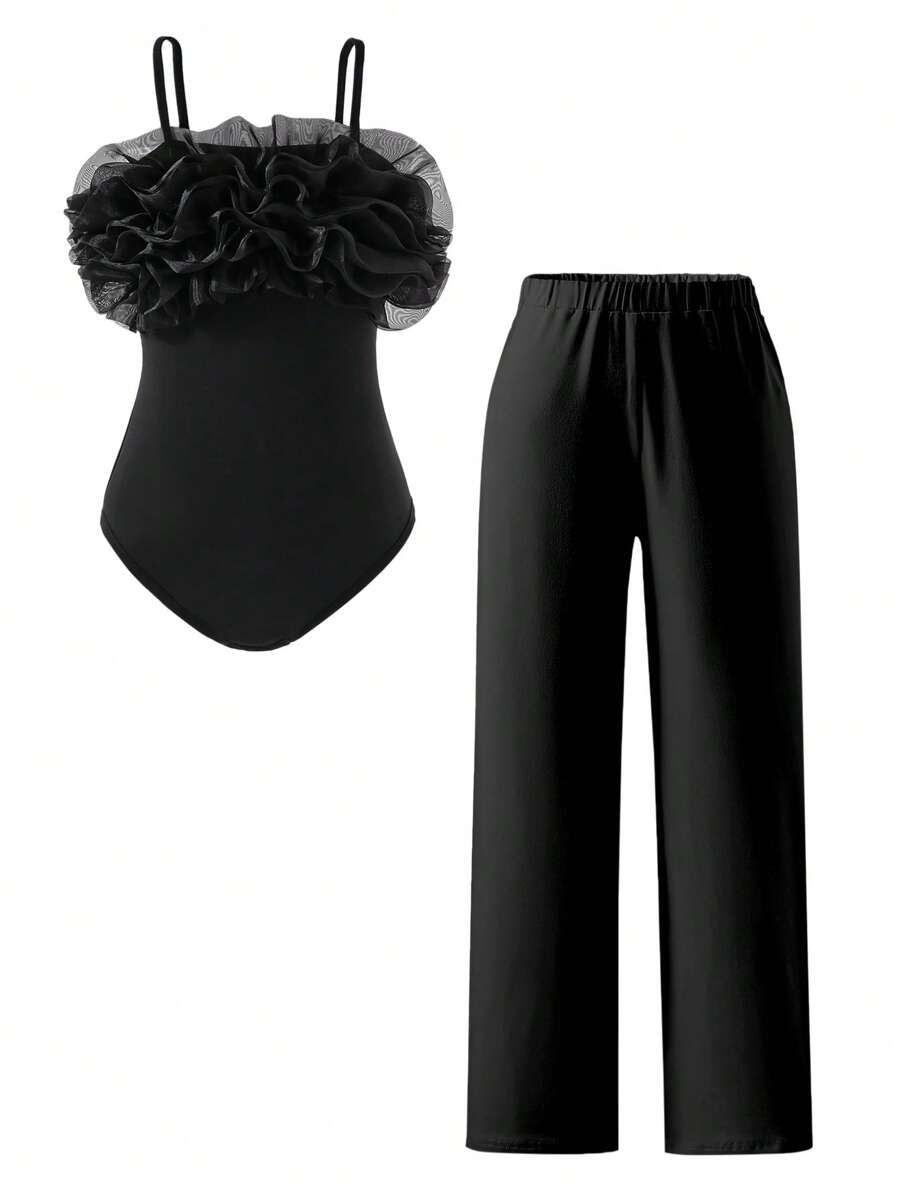 2pcs/Set Girls Embroidered Flower Camisole And Knit Jogger Pants Set - Black - View 1