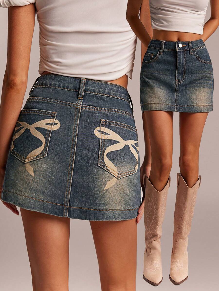 Forever 21 女士蝴蝶结印花口袋休闲牛仔迷你裙 - 藍色 - 查看 1