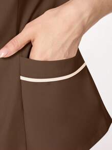 TaskEZ Contrast Color Notched Neck Short Sleeve Top And Pants Scrub Uniform Set - Brown - View 6