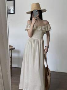 DAZY New Summer Women's Long Beach Dress Off Shoulder Top Vacation Maxi Dress Boho - Khaki - View 6