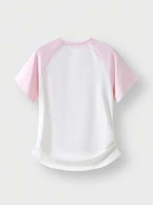 JNSQ T-shirt à manches courtes de sport décontracté pour la rentrée scolaire, Top de sport décontracté à col rond pour enfants avec patchwork et imprimé contrasté amusant