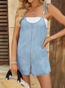 EMERY ROSE Women's Casual Denim Bib Overall Jumpsuit And Rompers, Blue - Baby Blue - View 3
