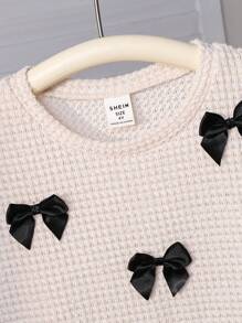 SHEIN Young Girl Solid Color Crew Neck Bow Decor Casual T-Shirt - White - View 4