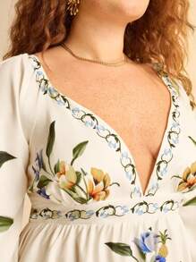 CAJUNI 大码女式波西米亚风格彩色热带花卉印花 V 领灯笼袖休闲沙滩迷你连衣裙 - 彩色 - 查看 3