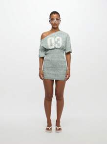 SUMWON WOMEN 迷你连衣裙，褶饰腰部露肩格子图案数字贴花春夏学院风时尚运动风 - 藍白色 - 查看 3