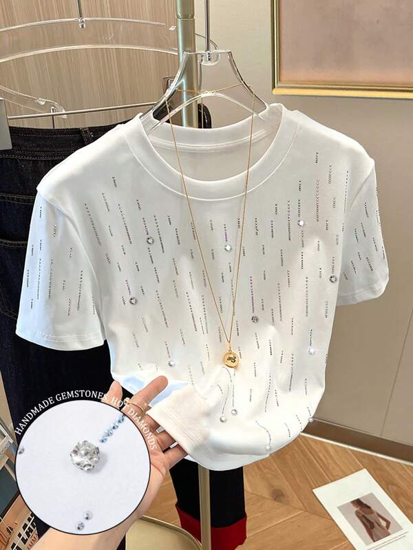 Lalippa Tricou de damă cu mânecă scurtă, guler rotund, cu mărgele strălucitoare și pietre decorative