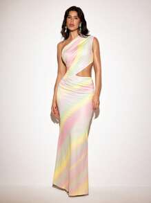VIOLA AND VESPER Gradient Pastel Rainbow Printed Stretchy One-Shoulder Ruched Cutous Flared Maxi Dress Elegant - Baby Pink - View 7