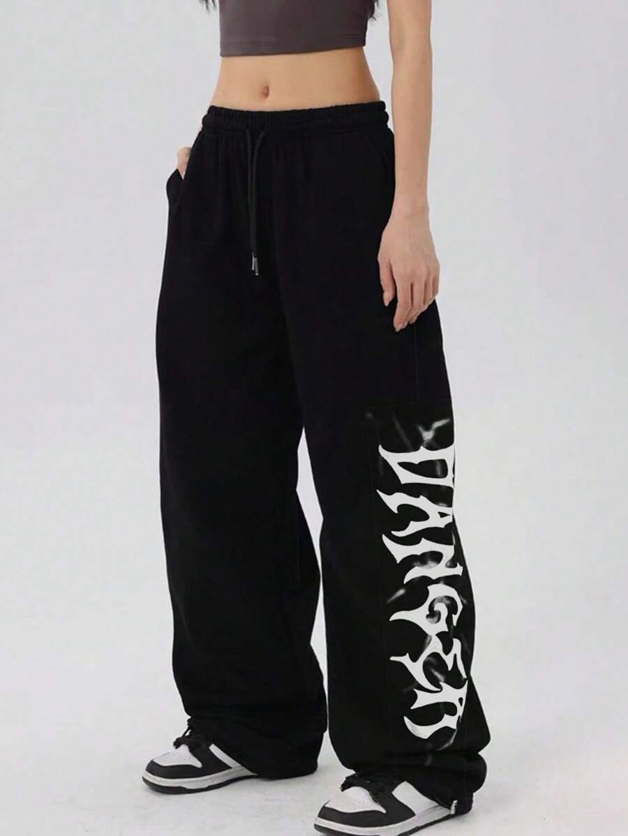 INAWLY Plus Size Casual Letter Print Drawstring Waist Sweatpants Graduation,Back To School,Graduation,Teacher,Back To School Fall - Black and White - View 1