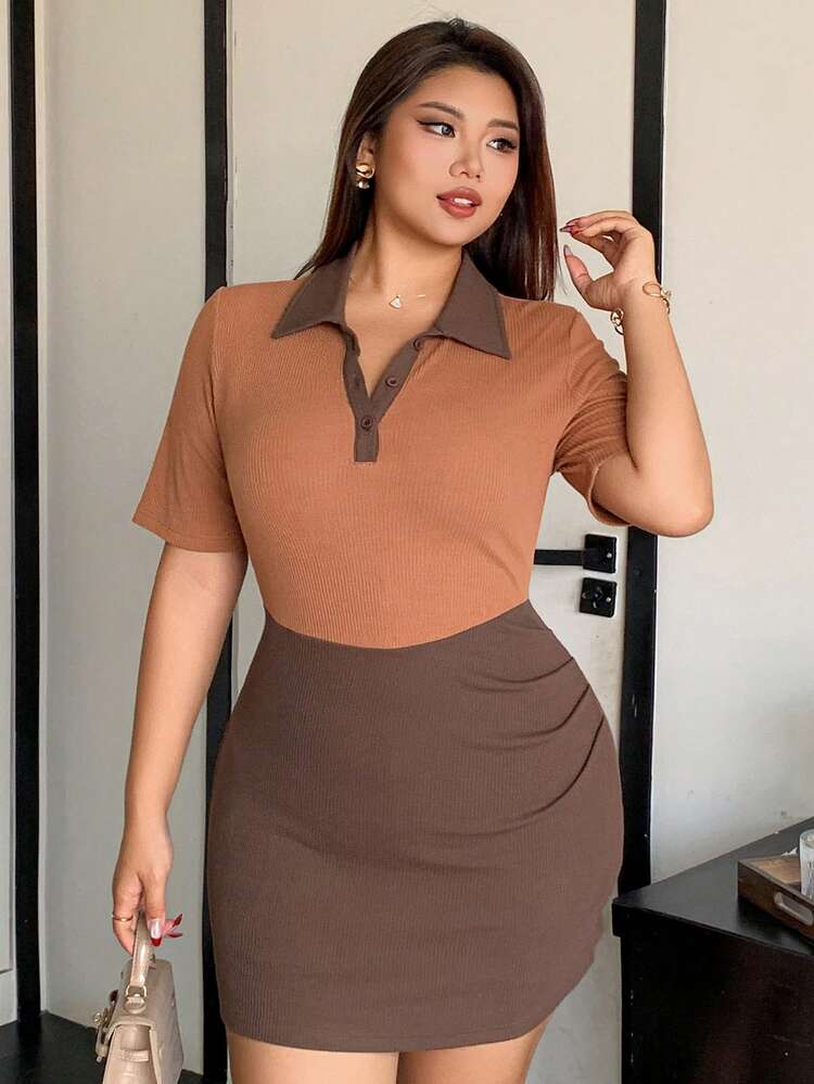 Dazy Plus Color Block Collared Short Wrap Dress,Casual Women Dresses
