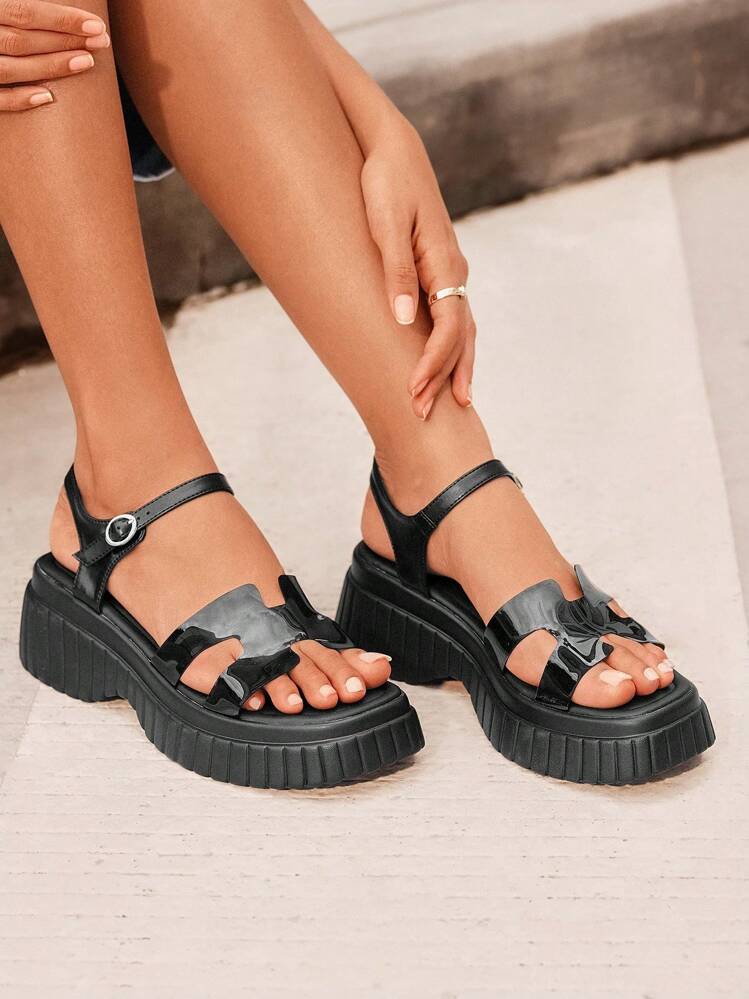 HighSole 女士夏季时尚百搭厚底厚底凉鞋 - 黑色 - 查看 1