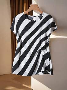 SHEIN Clasi Women's Elegant Striped Print Round Neck Side Twist Design Shoulder Sleeve Short Sleeve Blouse, Spring/Summer