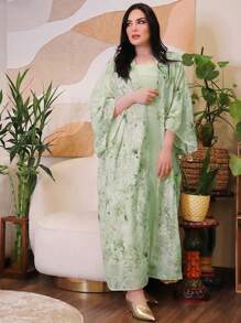 Modelyn 花卉印花长袖夹克和纯色连衣裙阿拉伯风格套装，适合女士，端庄 - 綠色 - 查看 5