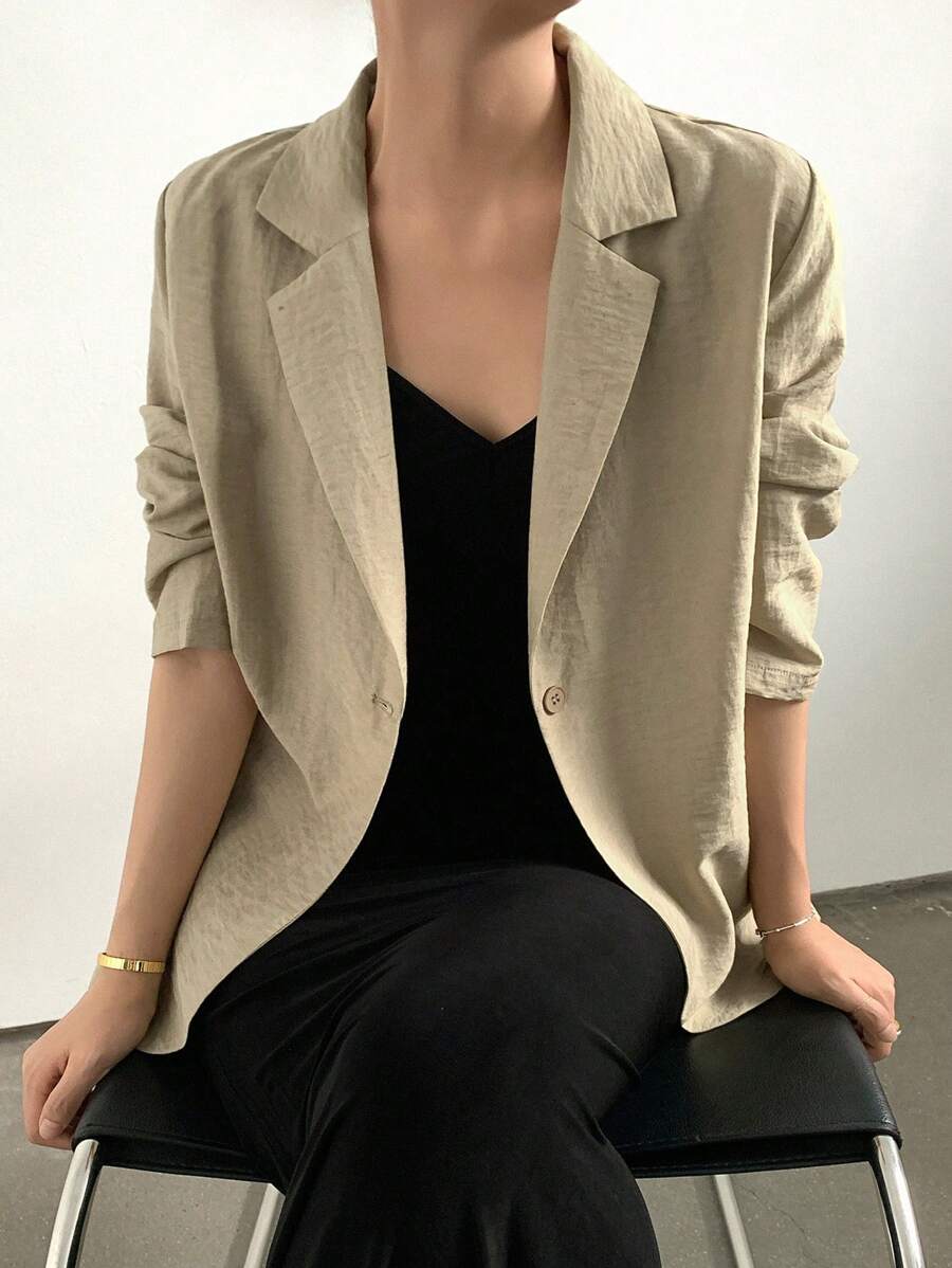 DAZY Loose Casual Vintage Cash Flow Ladies Blazer, Summer New Arrival Linen Business Attire - Khaki - View 1