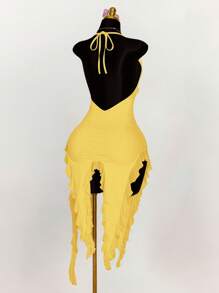 Amplova 纯色挂脖不对称荷叶边下摆紧身连衣裙 - 黃色 - 查看 2