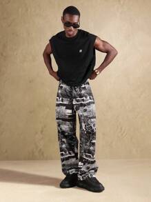SUMWON Loose Fit Wide Leg Printed Jogger Pants Streetwear Festival Baggy Skater Style All Season Casual Loungewear Urban Fashion Statement Pants