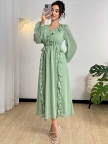 Modelyn Women Solid Color Elegant Ruffle Trim V-Neck Mid-Length Dress, Long Sleeve - Green - View 6