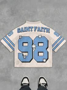 男士字母条纹印花V领休闲短袖T恤