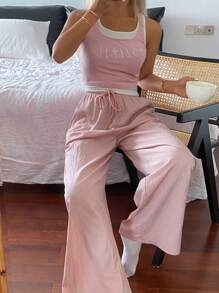 DAZY 女士二合一水钻字母无袖上衣和阔腿裤睡衣套装