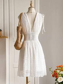 INAWLY Solid Color Deep Shirred Sleeveless Casual Summer Vacation Dress - White - View 2