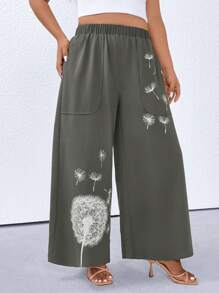 EMERY ROSE Plus Size Women Dandelion Print Elastic Waist Pockets Wide Leg Casual Pants - Army Green - View 4