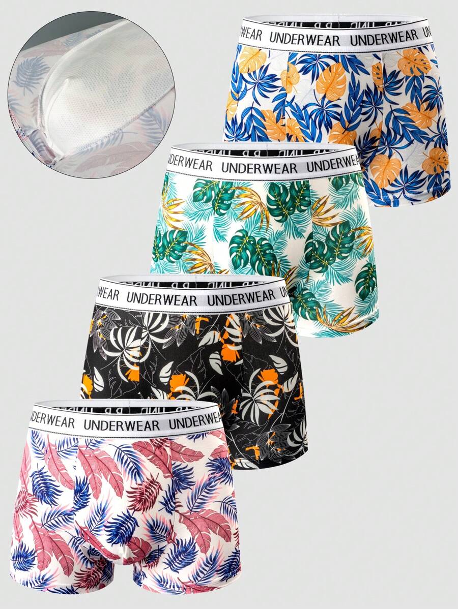 SHEIN 4pcs/Set Men's Printed Leaf Pattern Boxer Briefs