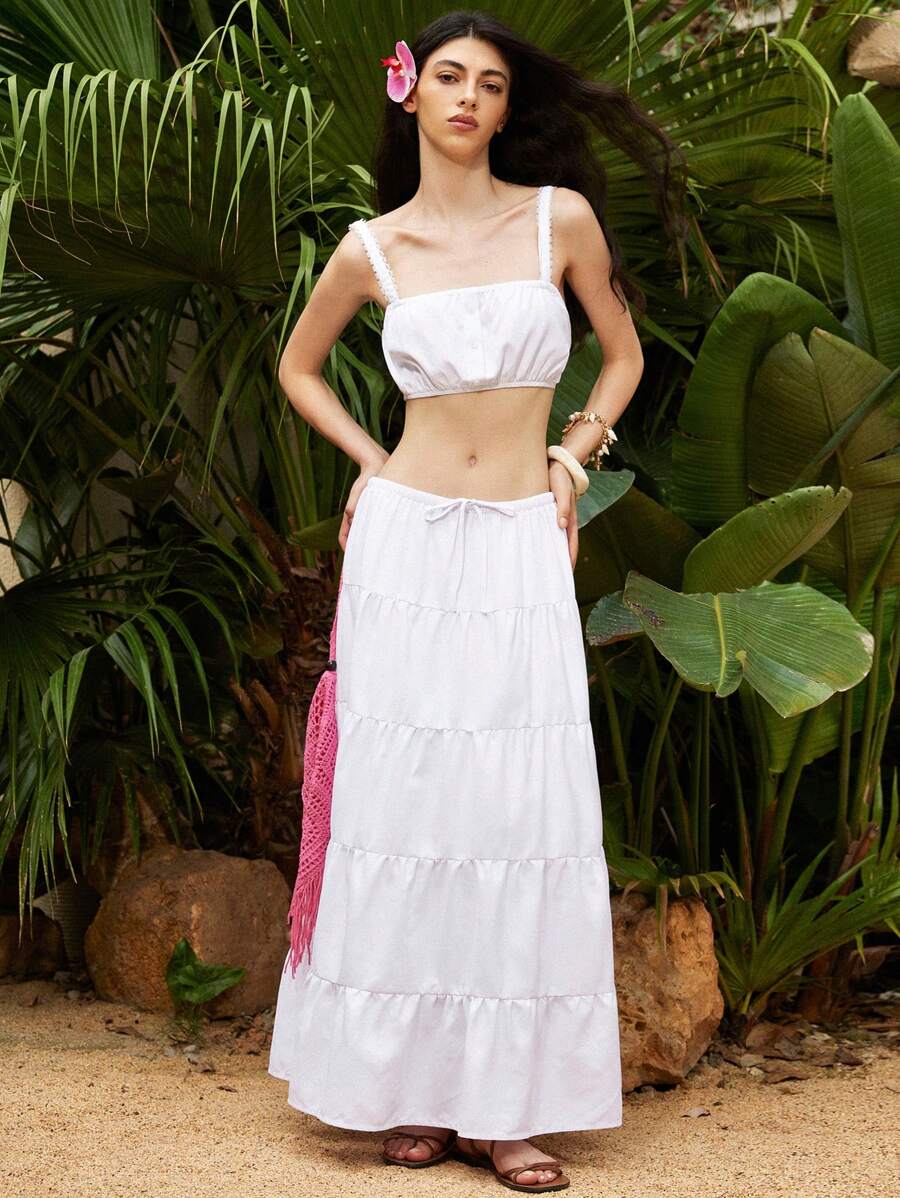 Aveloria Affinna French Vintage Romantic Sweet Elegant Lace Trim Button Decor Pleated Elastic Bust Camisole Top & Layered Ruffled Bow Knot High Waist Maxi Skirt 2pcs Set For Women