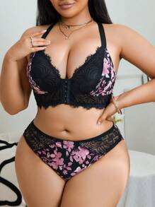 SHEIN 2pcs Lace Patchwork Printed Front Closure Wireless Lingerie Bra & Panty Set - Multicolor - View 4