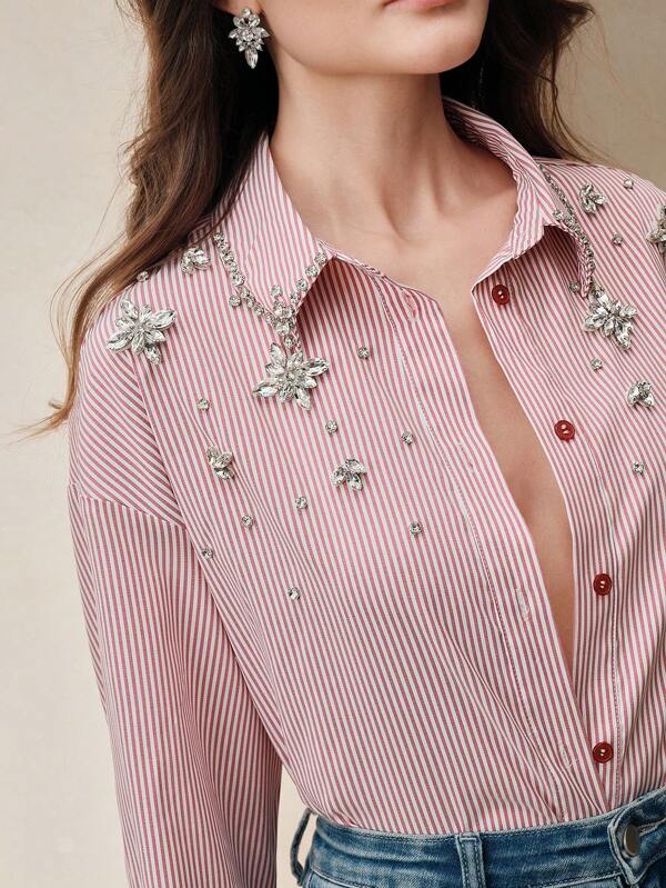 Anewsta 1pc Women Summer New Arrival Rhinestone Studded Striped Shirt Blouse