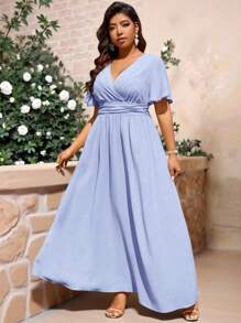 Allurite Plus Size Women's Waist Ruched Ruffle Sleeve Dress, Wedding Guest Dress Maxi Women Outfit Plus Size Blue Dressplain Plus Size Dressesplus Size Elegant Dressblue Dress Plus Sizeelegant Dress Plus Size Wedding - Blue - View 1