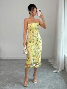 Rafferiza Váy midi bandeau thêu màu vàng thanh lịch cho nữ, mùa hè - Màu vàng - Xem 7