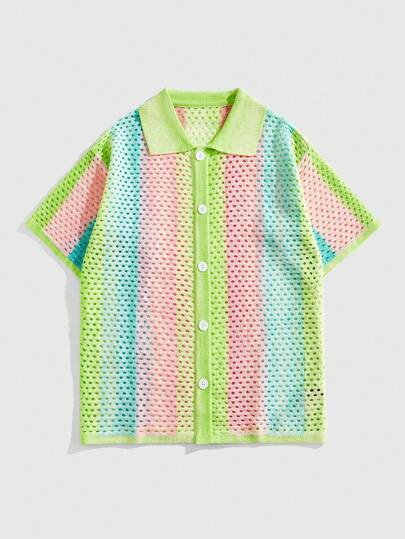 Street Life Herren Lässig Kurzarm Top mit Knopfverschluss und Dopamin-Hohlstrick-Design