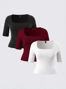 SHEIN BASICS 3pcs/Pack Casual Solid Color Knitted Square Neck Short Sleeve Form-Fitting Plus Size T-Shirt  Summer Tops - Multicolor - View 7