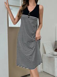 SHEIN Cămașă de noapte casual fără mâneci, cu dungi, model patchwork, pentru femei