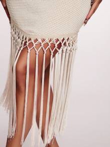 Radiana Women's Summer Boho Apricot Crochet Tasseled Hem Flowy Dress, Holiday/Beach Outfit White Fringe Dress Tassel Dress White Mesh Dress,Boho Clothes Women Crochet Cover Up Dress Summer Dress Fringe Cover Up Dress - Apricot - View 7