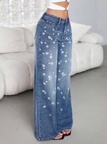 SHEIN ICON Blugi drepți pentru femei, cu talie joasă, broderie cu margarete, imprimeu, blugi comozi, croială lejeră, pentru toate anotimpurile - Albastru - Vizualizare 4