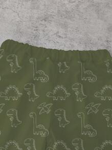 SHEIN Playful Pals 1 set de camiseta de manga corta con estampado de dinosaurio de dibujos animados y pantalones cortos para niños pequeños, ligero para uso diario, adecuado para primavera/verano