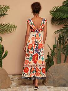 Travachic 女式花卉印花荷叶袖度假长裙 - 藕粉色 - 查看 2