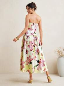 VIOLA AND VESPER Light Yellow Floral Printed Strapless Voluminous Woven Midi Dress Women Summer Elegant Butter Yellow Dress