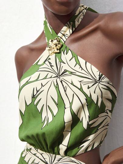 Maija 2025 Summer New Tropical Rainforest Coconut Tree Print Criss-Cross Halter Thin Strap Metal Decor Hollow Waist Cut-Out Grass Green Dress, Suitable For Beach Holiday, Urban Commute, Elegant, Modern, Romantic, Casual Party, Beach, Vacation, Music Festival, Brunch, Office, Graduation Season, St. John Festival,Bohemian Clothes Vacation Dress