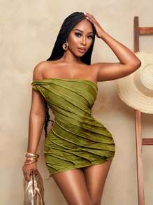 BamGleam Women's Sexy Tie-Dye One-Shoulder Mini Dress, Summer