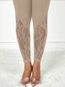 SHEIN Lady 蕾丝拼接纯色高腰女式紧身裤 - 卡其色 - 查看 7