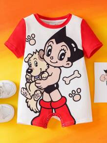Astro Boy X SHEIN 男婴可爱卡通图案红白短袖连体衣